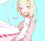 1girl :d ahoge akamatsu_kaede bangs beamed_eighth_notes blonde_hair closed_eyes commentary_request dangan_ronpa_(series) dangan_ronpa_v3:_killing_harmony eighth_note facing_viewer from_side hair_ornament instrument jian_jing long_hair music musical_note musical_note_hair_ornament open_mouth piano playing_instrument playing_piano quarter_note shirt simple_background smile solo sweater_vest upper_body 