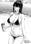  1girl absurdres bangs bare_arms bare_shoulders beach bikini blunt_bangs breasts cellphone collarbone commentary cowboy_shot cup drinking_straw front-tie_bikini front-tie_top greyscale highres holding holding_cup holding_phone large_breasts long_hair looking_at_viewer lynus monochrome multi-strapped_bikini naoko-san navel original outdoors parted_lips phone smartphone solo standing stomach string_bikini swimsuit wet 