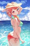  1girl absurdres ass beach bikini braid breasts closed_mouth from_side hat highres hololive hololive_english looking_at_viewer medium_breasts mismatched_bikini ocean orange_hair shironekokfp side-tie_bikini solo straw_hat swimsuit takanashi_kiara twin_braids violet_eyes virtual_youtuber water 