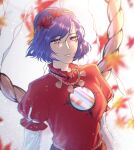  1girl arumimangotroid autumn_leaves bangs hair_ornament highres layered_sleeves leaf_hair_ornament long_sleeves mirror onbashira puffy_short_sleeves puffy_sleeves purple_hair red_eyes red_shirt rope shide shimenawa shirt short_hair short_over_long_sleeves short_sleeves touhou yasaka_kanako 