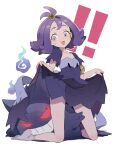  ! !! 1girl :d acerola_(pokemon) armlet bangs blush clothes_lift collarbone commentary_request dress dress_lift elite_four eyelashes flipped_hair gen_1_pokemon gengar grey_eyes grey_legwear hair_ornament hairclip kneeling lifted_by_self looking_back medium_hair multicolored multicolored_clothes multicolored_dress no_shoes open_mouth outline pokemon pokemon_(creature) pokemon_(game) pokemon_sm purple_hair short_sleeves smile socks stitches sweatdrop toku_(ke7416613) tongue topknot torn_clothes torn_dress white_background 