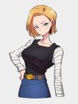  1girl android_18 belt blonde_hair blue_eyes breasts brown_belt closed_mouth collarbone dragon_ball dragon_ball_z earrings grey_background hand_on_hip jewelry kemachiku long_sleeves looking_at_viewer medium_breasts short_hair simple_background solo striped striped_sleeves white_sleeves 