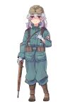  1girl bandages bangs bolt_action closed_mouth company_of_heroes full_body german_army gun hair_between_eyes hat holding holding_gun holding_weapon long_hair long_sleeves mauser_98 military military_hat military_uniform original purple_hair rifle simple_background smile solo standing uniform violet_eyes wavy_hair weapon white_background world_war_ii zhainan_s-jun 