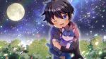  ;d animal_hug bandana bangs black_hair black_jacket blue_eyes blush cat character_request commentary_request earrings eyebrows_visible_through_hair fangs full_moon hair_between_eyes hood hood_down hooded_jacket indie_virtual_youtuber jacket jewelry kou_hiyoyo looking_at_viewer moon night night_sky one_eye_closed open_clothes open_jacket open_mouth outdoors shirt sky smile star_(sky) starry_sky white_shirt 