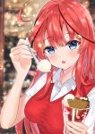  1girl :o absurdres ahoge arm_up bangs blue_eyes blurry blurry_background blush breasts collared_shirt commentary crossed_bangs eyebrows_visible_through_hair face food go-toubun_no_hanayome hair_ornament hand_up highres holding holding_food holding_spoon long_hair looking_at_viewer medium_breasts nakano_itsuki open_mouth parfait pink_nails rain_sunny red_sweater redhead shirt short_sleeves sidelocks solo spoon star_(symbol) star_hair_ornament sweater upper_body white_shirt 
