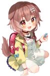  1girl :d absurdres animal_ears bag_charm bangs blush bone_hair_ornament brown_eyes brown_hair charm_(object) child choker coat collarbone commentary_request dog_ears dog_girl dog_tail dress fangs hair_between_eyes hair_ornament highres holding hololive inugami_korone long_sleeves looking_at_viewer noi_mine open_mouth short_hair sidelocks simple_background sitting smile solo tail virtual_youtuber wariza white_background white_dress wristband yellow_coat younger 