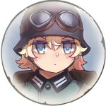  1girl backpack bag bangs blonde_hair blue_eyes closed_mouth company_of_heroes german_army goggles goggles_on_head hair_between_eyes hat lowres military military_hat military_uniform original portrait short_hair solo star_(symbol) uniform v-shaped_eyebrows world_war_ii zhainan_s-jun 