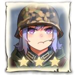  1girl bangs camouflage camouflage_helmet closed_mouth company_of_heroes german_army hair_between_eyes hat helmet long_hair lowres military military_hat military_jacket military_uniform mouth_hold original portrait purple_hair solo stalk_in_mouth uniform violet_eyes world_war_ii zhainan_s-jun 