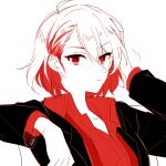  1girl 6_(yuchae) adjusting_hair antenna_hair bangs black_jacket closed_mouth hair_between_eyes honkai_(series) honkai_impact_3rd jacket looking_at_viewer monochrome polo_shirt red_eyes red_shirt red_theme redhead seele_(alter_ego) seele_vollerei shirt short_hair simple_background sketch solo v-shaped_eyebrows white_background 