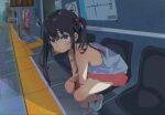  1girl arms_between_legs black_hair blue_eyes chair hair_bobbles hair_ornament leaning_forward long_hair looking_at_viewer original outdoors poka_(kai_ar) red_skirt shoes sitting skirt solo tank_top thighs train_station twintails white_footwear white_tank_top 