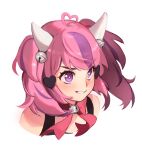  1girl absurdres ahoge bell blush bow hair_bell hair_ornament heart heart_hair highres horns ironmouse looking_ahead multicolored_hair parted_lips pink_bow pink_hair portrait purple_hair smile solo streaked_hair syertse symbol-only_commentary twintails v-shaped_eyebrows violet_eyes virtual_youtuber vshojo white_background 
