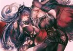  2girls absurdly_long_hair aegir_(azur_lane) apraxia august_von_parseval_(azur_lane) azur_lane bare_shoulders black_cape black_legwear black_skirt bodystocking breast_curtains breasts cape clothing_cutout cross-laced_clothes curled_horns demon_horns finger_to_mouth horns iron_cross large_breasts long_hair looking_at_viewer mechanical_horns multicolored_hair multiple_girls purple_hair redhead simple_background skirt streaked_hair thigh-highs two-tone_hair underboob_cutout underbust very_long_hair violet_eyes white_hair yellow_eyes 