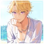 1girl beach blonde_hair border bracelet chain_necklace collared_shirt earrings ensemble_stars! head_rest jewelry looking_at_viewer messy_hair narukami_arashi necklace riri_(artist) see-through shirt short_hair signature smile solo sparkle twitter_username unbuttoned unbuttoned_shirt upper_body violet_eyes wet wet_clothes wet_hair