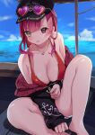  1girl absurdres bikini blush boat breasts clothes_down eyewear_on_head hat heart heart_necklace heterochromia highres hololive hood hoodie houshou_marine kashuu_(pixiv_66328082) redhead swimsuit virtual_youtuber water watercraft 