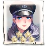  1girl bangs blue_eyes closed_mouth company_of_heroes german_army hair_between_eyes hat lipstick long_hair lowres makeup military military_coat military_hat military_jacket military_uniform mole mole_under_eye original solo star_(symbol) uniform v-shaped_eyebrows violet_eyes world_war_ii zhainan_s-jun 