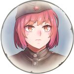  +_+ 1girl bangs border brown_headwear closed_mouth company_of_heroes hair_between_eyes hat lowres military military_hat military_jacket military_uniform original red_eyes redhead solo soviet soviet_army star_(symbol) thick_eyebrows uniform v-shaped_eyebrows world_war_ii zhainan_s-jun 