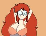  1girl big_breasts bikini bikini_top bra glasses green_eyes large_breasts lilith_clawthorne lilith_clawthorne_(young) long_hair looking_at_viewer no_shirt pointy_ears redhead round_eyewear round_glasses shy smile smiling solo solo_focus the_owl_house winking witch young younger 