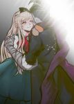  1girl animal_on_shoulder bandaged_arm bandages bangs black_bow black_hair black_jacket blonde_hair bow bowtie crying dangan_ronpa_(series) dangan_ronpa_2:_goodbye_despair dress from_behind gradient gradient_background green_dress grey_background hair_bow hamster hand_on_another&#039;s_face highres jacket long_hair looking_at_another multicolored_hair puffy_short_sleeves puffy_sleeves purple_scarf red_bow scarf short_hair short_sleeves tanaka_gandamu tears umsotasty wiping_tears 