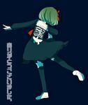  1girl black_background black_legwear dangan_ronpa_(series) dangan_ronpa_another_episode:_ultra_despair_girls dress frills from_behind full_body green_eyes green_hair hairband kashima_(xxkaziko) long_sleeves outstretched_arm pantyhose red_hairband ribbon shoes short_hair simple_background skull_print solo standing standing_on_one_leg thigh-highs towa_monaka translation_request 