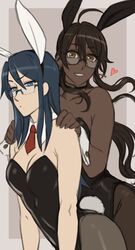  2girls animal_ears blue_eyes blue_hair brown_eyes brown_hair commentary cowboy_shot dark-skinned_female dark_skin detached_collar drill_(emilio) glasses highres leotard long_hair multiple_girls myra_(drill_(emilio)) original pantyhose playboy_bunny rabbit_ears rabbit_tail red_neckwear semi-rimless_eyewear sidelocks strapless strapless_leotard tail 