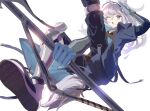  1girl ;o animal_ears arknights armband bangs blue_coat blue_pants brown_shirt chi_cha_rigbo coat commentary_request foot_out_of_frame gauntlets gloves grani_(arknights) greaves grey_eyes grey_footwear grey_gloves grey_hair grey_headwear highres hip_vent holding holding_polearm holding_spear holding_weapon horse_ears horse_girl horse_tail long_hair looking_at_viewer one_eye_closed open_clothes open_coat pants polearm ponytail salute shirt shoe_soles shoes shoulder_guard silver_hair sketch smile solo spear tail visor_cap weapon white_background 
