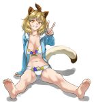  1girl animal_ears bare_legs barefoot bikini blonde_hair blue_hoodie commentary_request drawstring eyebrows_visible_through_hair feet flower foreshortening highres hood hood_down hoodie kemono_friends kemono_friends_3 lion_(kemono_friends) lion_ears lion_girl lion_tail looking_at_viewer midriff navel official_alternate_costume open_clothes open_hoodie short_hair sitting smile soles solo swimsuit tail tanabe_(fueisei) toes v white_bikini yellow_eyes 