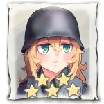  1girl bangs blonde_hair closed_mouth company_of_heroes german_army green_eyes hair_between_eyes hat helmet lowres military military_hat military_uniform original portrait star_(symbol) uniform world_war_ii zhainan_s-jun 