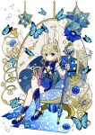  animal_ears blonde_hair blue_eyes blue_flower bug bunny_day butterfly capelet egg_chair flower hair_ornament hand_on_own_knee holding holding_staff insect long_hair looking_at_viewer murasaki_daidai_etsuo original rabbit_ears shoes short_sleeves sitting solo staff star_(symbol) star_hair_ornament white_flower 
