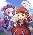  2girls ahoge backpack bag bangs bead_necklace beads blonde_hair blue_sky coin_hair_ornament dress earrings genshin_impact gloves hair_between_eyes hat jewelry jiangshi klee_(genshin_impact) long_sleeves looking_at_viewer lunaticmed multiple_girls necklace open_mouth outdoors pointy_ears purple_dress purple_hair qing_guanmao qiqi_(genshin_impact) red_dress red_eyes red_headwear sky thigh-highs violet_eyes 