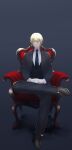  1boy absurdres blonde_hair chair fate/grand_order fate_(series) green_eyes highres jason_(fate) looking_at_viewer necktie shin&#039;ya_(yukiura) sitting 