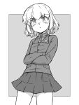  1girl :t absurdres angry bangs bob_cut closed_mouth commentary_request cowboy_shot crossed_arms eyebrows_visible_through_hair frown girls_und_panzer greyscale hairband highres insignia jacket katyusha_(girls_und_panzer) long_sleeves looking_at_viewer miniskirt monochrome outside_border partial_commentary pleated_skirt pout pravda_school_uniform renshiu school_uniform shirt short_hair skirt solo standing turtleneck 