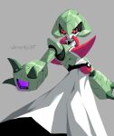  arm_cannon artist_name dress gardevoir gen_3_pokemon glowing glowing_eyes grey_background looking_down mecha mechanization no_humans open_hand poke_ball pokemon red_eyes weapon werfmight white_dress 