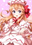 1girl bangs blonde_hair bow cape dress eyebrows_visible_through_hair fairy_wings hair_between_eyes hair_bow hands_up hat highres lily_white long_hair long_sleeves looking_to_the_side open_mouth pink_background red_bow red_neckwear ruu_(tksymkw) smile solo touhou violet_eyes white_cape white_dress white_headwear white_sleeves wide_sleeves wings 