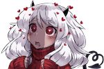 1girl black_horns blush commentary demon_girl demon_horns demon_tail fang hands_up haraya_manawari heart heart-shaped_pupils heart_tail helltaker horns long_hair long_sleeves looking_at_viewer modeus_(helltaker) open_mouth red_eyes red_sweater ribbed_sweater silver_hair simple_background solo sweater symbol-shaped_pupils tail turtleneck upper_body white_background white_hair