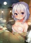  1girl absurdres bath blush breasts covering highres huge_filesize looking_at_viewer medium_breasts noi_mine nude_cover onsen open_mouth original short_hair side_bun silver_hair sitting solo towel violet_eyes 