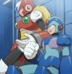  2boys :d against_wall android armor blonde_hair blue_bodysuit blue_eyes blue_headwear bodysuit ceiling_light clenched_hand closed_mouth commentary_request gloves green_eyes helmet highres hoshi_mikan long_hair looking_at_another looking_at_viewer male_focus mega_man_(series) mega_man_x_(character) mega_man_x_(series) multiple_boys open_mouth red_headwear robot_ears sitting smile standing white_gloves zero_(mega_man) 