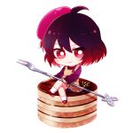  1girl 6_(yuchae) antenna_hair beret cake chibi closed_mouth crossed_legs food fork full_body hair_between_eyes hat holding holding_fork honkai_(series) honkai_impact_3rd long_sleeves looking_at_viewer red_eyes red_headwear redhead seele_(alter_ego) seele_vollerei short_hair simple_background sitting smile solo v-shaped_eyebrows white_background 