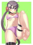  1girl :o absurdres akebono_(kancolle) aruka0807 bangs barefoot bell bikini black_choker blush breasts choker eyebrows_visible_through_hair feet flower green_background hair_bell hair_between_eyes hair_flower hair_ornament highres kantai_collection long_hair pink_bikini ponytail purple_hair red_flower side_ponytail simple_background small_breasts soles solo swimsuit thigh_strap toes violet_eyes white_flower 