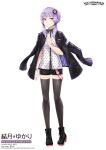  1girl a.i._voice animal_print ayakura_juu belt bike_shorts black_footwear black_jacket black_legwear black_shorts boots bunny_print character_name full_body hair_ornament hair_tie high_heel_boots high_heels highres jacket light_smile looking_at_viewer official_art purple_hair shirt short_hair_with_long_locks shorts sidelocks sleeveless sleeveless_shirt solo standing thigh-highs violet_eyes vocaloid voiceroid white_shirt yuzuki_yukari 