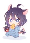  2girls 6_(yuchae) animal_ears antenna_hair bangs blue_eyes blue_hair cheese chibi dual_persona eating food food_in_mouth full_body hair_between_eyes holding holding_food honkai_(series) honkai_impact_3rd looking_at_viewer mouse_ears mouse_tail multiple_girls pajamas red_eyes redhead seele_(alter_ego) seele_vollerei simple_background tail white_background 