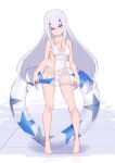 1girl bangs bare_shoulders barefoot breasts casual_one-piece_swimsuit cleavage_cutout clothing_cutout covered_navel eyebrows_visible_through_hair fairy_knight_lancelot_(fate) fate/grand_order fate_(series) full_body hair_ornament highleg highleg_swimsuit highres holding holding_innertube innertube jilu long_hair looking_at_viewer medium_breasts one-piece_swimsuit open_clothes reflection silver_hair swimsuit tiles white_swimsuit yellow_eyes 