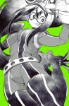  :&gt; asui_tsuyu bodysuit boku_no_hero_academia frog_girl goggles goggles_on_head green_background highres long_hair looking_at_viewer low-tied_long_hair partial_monochrome solo takatsuki_ichi tongue 