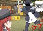 1girl 1other alph_(sancheck) arknights black_jacket braid cabbie_hat closed_mouth crying doctor_(arknights) english_text gameplay_mechanics hat helmet highres horns horns_through_headwear jacket motion_lines notice_lines pointy_ears red_eyes redhead running speech_bubble vigna_(arknights) 