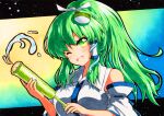  1girl aqua_background bangs bare_shoulders black_border blue_background border breasts collar detached_sleeves eyebrows_visible_through_hair frog_hair_ornament gradient gradient_background green_background green_eyes green_hair hair_between_eyes hair_ornament hair_ribbon hands_up holding kochiya_sanae long_hair long_sleeves looking_at_viewer medium_breasts multicolored multicolored_background one_eye_closed open_mouth ponytail qqqrinkappp ribbon shirt smile snake_hair_ornament solo touhou traditional_media water white_ribbon white_shirt white_sleeves yellow_background 