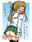  1girl ass black_legwear blonde_hair blue_background blush brown_eyes eyebrows_visible_through_hair girls_und_panzer gradient gradient_background green_skirt hair_ornament hair_ribbon long_hair looking_at_viewer looking_back microskirt ooarai_school_uniform oono_aya oosaka_kanagawa open_mouth panties pink_panties ribbon school_uniform simple_background skirt solo sweat thigh-highs translation_request twintails underwear 