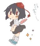  1girl bandaid bandaid_on_cheek black_hair black_neckwear black_skirt blue_footwear blush_stickers chibi citrus_(place) detached_wings feathered_wings full_body hair_between_eyes hat looking_at_viewer loose_socks neck_ribbon pink_wings red_eyes red_headwear ribbon shameimaru_aya shirt shoes short_hair short_sleeves simple_background skirt smile solo sparkle sparkling_eyes tokin_hat touhou translation_request white_background white_legwear white_shirt wings 