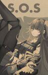  1girl bangs closed_mouth clothes_writing eyebrows_visible_through_hair fingerless_gloves girls_frontline gloves greyscale hair_between_eyes highres jacket kanoe_(kanoe502) knee_pads legs_up long_hair long_sleeves looking_at_viewer monochrome off_shoulder one_side_up pantyhose pleated_skirt simple_background skirt solo sos speech_bubble ump45_(girls_frontline) vest 
