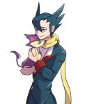 1boy bangs black_hair blue_eyes buttons closed_mouth commentary_request elite_four gen_5_pokemon grimsley_(pokemon) hair_between_eyes highres holding holding_pokemon jacket long_sleeves looking_down male_focus pants pokemon pokemon_(creature) pokemon_(game) pokemon_bw purrloin raised_eyebrows scarf shirt short_hair simple_background smile spiky_hair usarinko white_background yellow_scarf 
