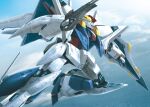  akamiho beam_rifle clouds cloudy_sky comiket comiket_94 commentary_request energy_gun green_eyes gundam gundam_hathaway&#039;s_flash mecha mobile_suit no_humans ocean science_fiction shield sky solo v-fin weapon xi_gundam 