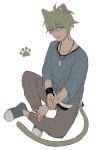  1boy amami_rantarou animal_ears antenna_hair bangs brown_pants cat_boy cat_ears cat_tail collarbone commentary dangan_ronpa_(series) dangan_ronpa_v3:_killing_harmony ear_piercing green_eyes green_hair hair_between_eyes jewelry laaaicha long_sleeves looking_at_viewer male_focus necklace open_mouth pants paw_print paw_print_background piercing ring shirt shoes short_hair simple_background sitting solo striped striped_shirt tail white_background 